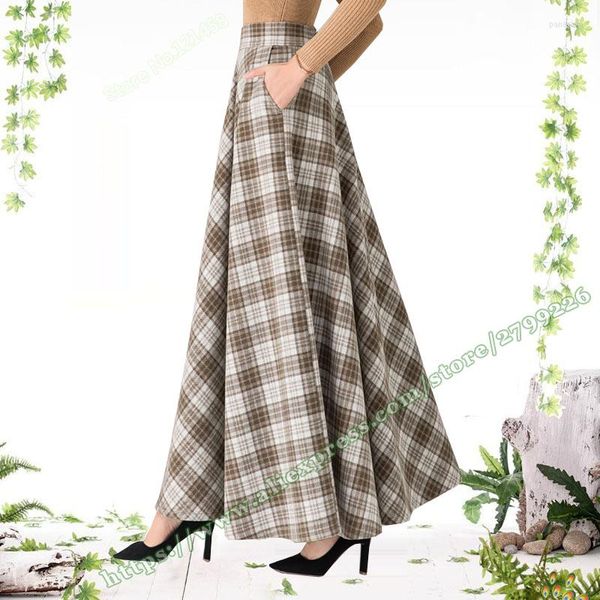 Röcke 2023 Damenmode Vintage Casual Herbst Winter Plus Größe 6XL 5XL Gitter Plaid Woolen Elegantes A-Linie Maxi Für Damen