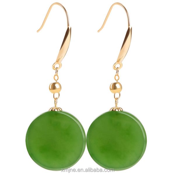 Brincos femininos com contas de bola de jade natural incrustadas em ouro grau A, espinafre Hetian verde