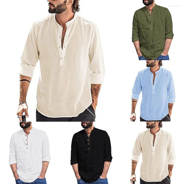 Camisas casuais masculinas outono mens manga longa botão-para baixo camisa blusa de algodão fitness solto sólido vintage henley v-pescoço topos t-shirts