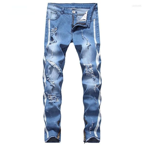 Jeans maschere ginocchio in ginocchio strappato da uomo hip hop uomini skinny motocicly skinny streetwone stripe moto pantaloni in denim