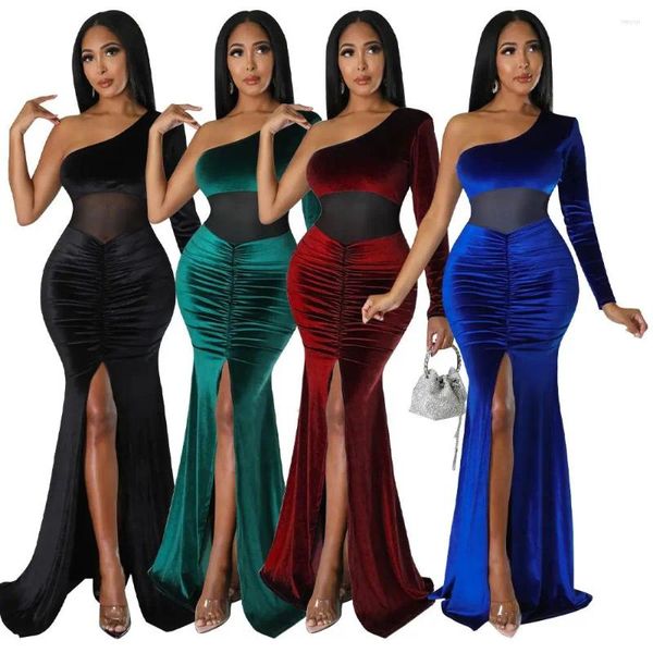 Casual Kleider Elegante Samt Mesh Eine Schulter Prom Abend Bodenlangen Kleid Frauen Vestidos Sexy Backless Hohe Split Geraffte party