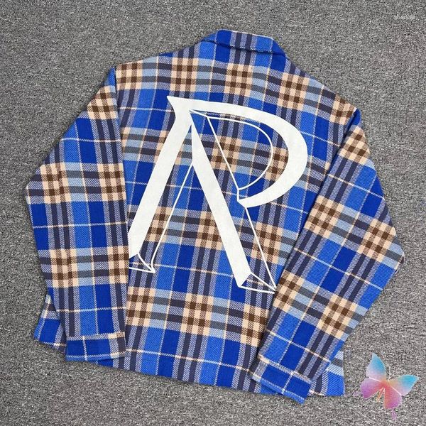 Männer Casual Hemden Stock Übergroße Vintage Hiphop Straße Männer Frauen Lose Blau Plaid Weiß Buchstabe R Tasche Langarm REP