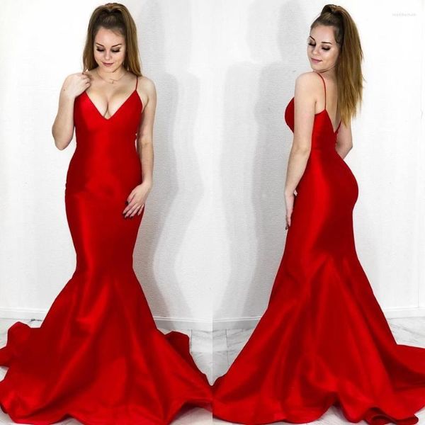 Partykleider Meerjungfrau Sexy Abendkleid 2023 Hellrot Grün Satin Langes Festzugkleid Für Dame Backless Spaghetti Woman Formal