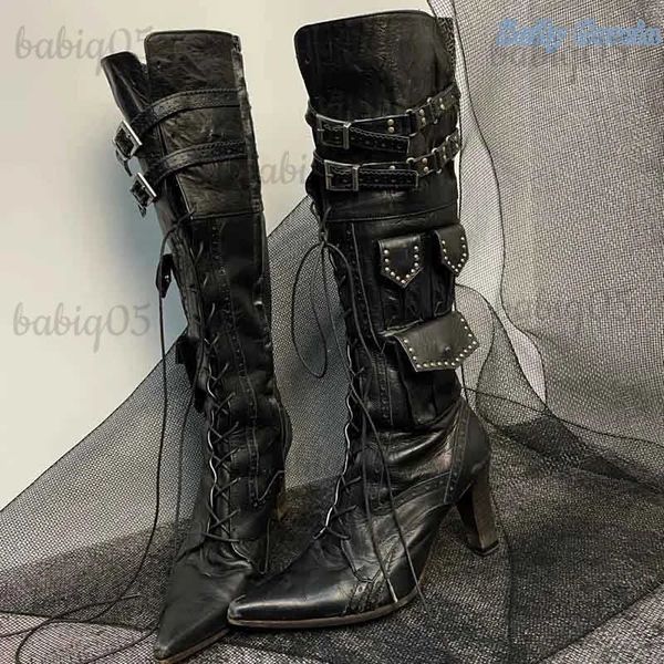 Stiefel Metall Dekoration Schnalle Tasche Stiefel Spitz Kniehohe Moderne Winter Spike Heels Solide Neue Ankunft Mode Schuhe T231124