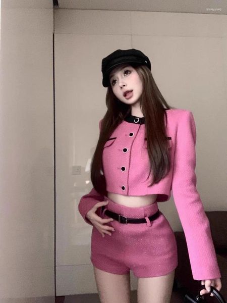 Fatos femininos doce menina rosa vermelho terno inverno o-pescoço grosso tweed casaco reto calças curtas de duas peças conjunto moda feminina roupas