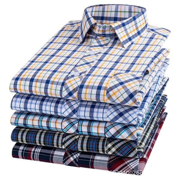 Camicie casual da uomo Camicia a maniche corte lunga scozzese sottile in cotone primaverile ed estivo Tutti larghi giovani di mezza età