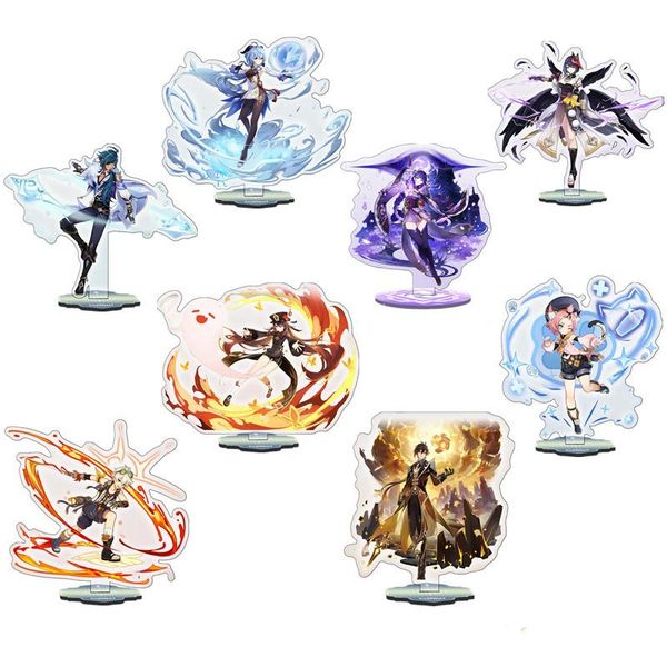 Figuras decorativas Objetos Genshin Impact Anime Figura Ganyu Hutao Zhongli acrílico Modelo Modelo Placa Decoração da mesa Feliz Standing S