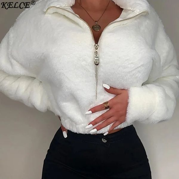 Jaquetas femininas moda feminina casual solto inverno colheita topos cor sólida totalmente em pé pescoço manga longa zip up pulôver moletom para meninas branco 231124