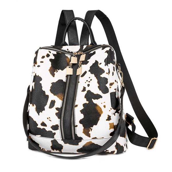 Bolsa estilo mochila com zíper duplo tem bolsa de pulso leopardo impresso bolsas de ombro PU vaca bolsas de luxo bolsas femininas moda mochila de ombro bolsa escolar casual