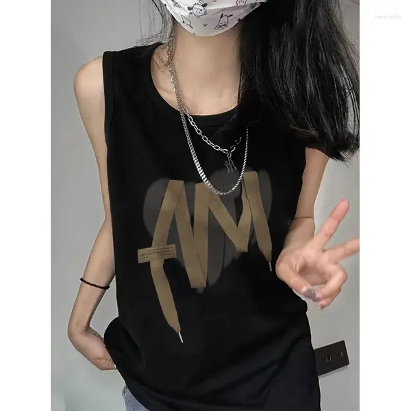 Kadın Tankları Spor Tankı Top kolsuz T-Shirt Kadınlar Yaz Gevşek Yuvarlak Boyun Üstleri Tatlı havalı kız sokak hip Hop Uzun Tee Sokak Giyim