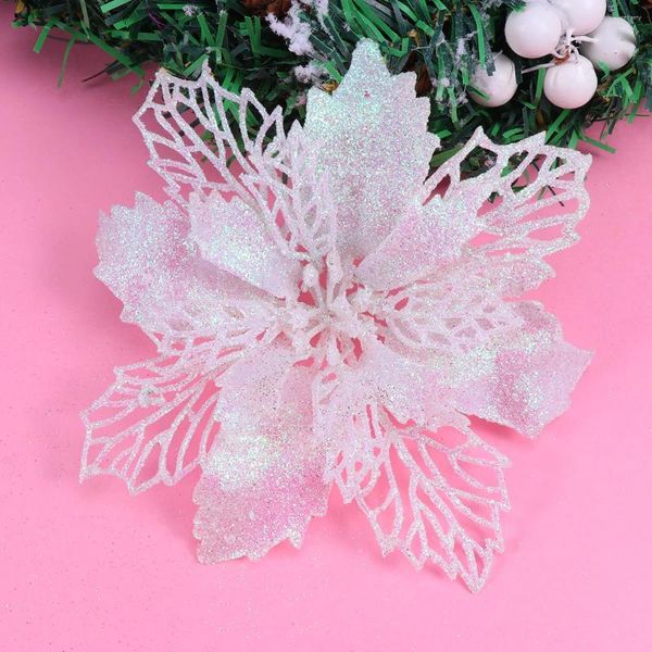 Flores decorativas 12 peças poinsétia artificial oco brilhante enfeites de árvore de natal guirlanda arranjo de flores (branco)