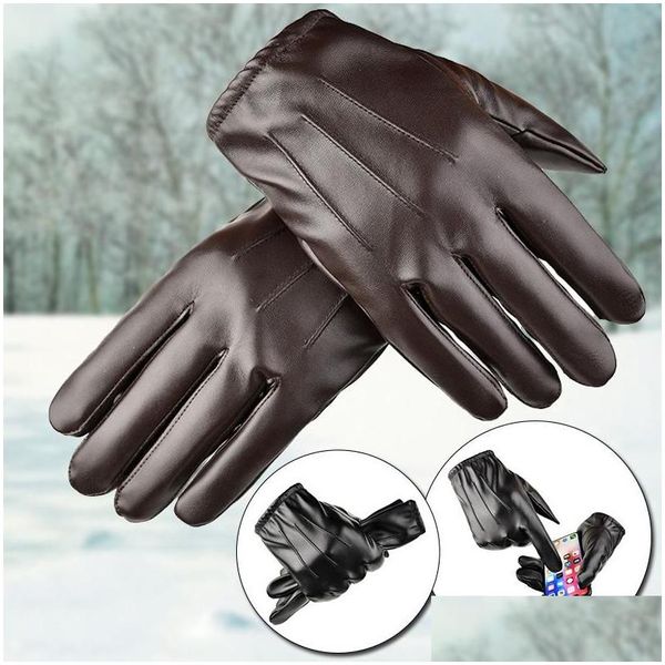 Fünf-Finger-Handschuhe Fünf-Finger-Handschuhe Winter Pu-Leder Kaschmir Hand Damen Herren Warm Fahren Fäustlinge Touch Sn Wasserdicht FL Finger S Dhgrp