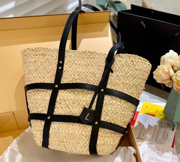 Borsa Laffite borsa cesto vegetale foglia di palma e pelle bovina intrecciata nella borsa da spiaggia borsa leggera di grande capacità