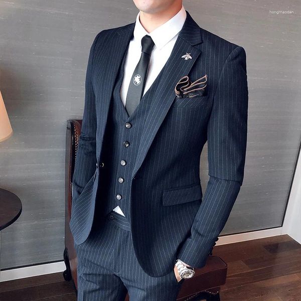 Ternos masculinos (blazer colete calças) marca high-end formal negócios masculino terno de três peças noivo vestido de casamento listra padrão jaqueta