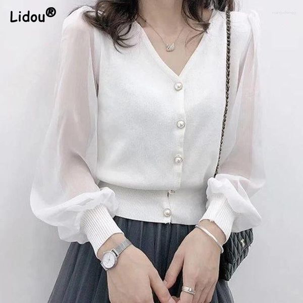 Blusas femininas primavera outono cor sólida botão com decote em v gaze roupas de manga comprida moda casual chiffon fino preto branco camisas selvagens