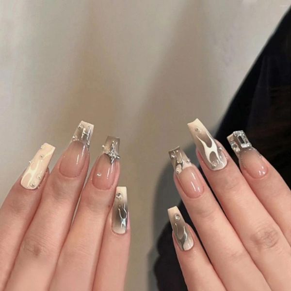 Pregos falsos 24 pcs falso y2k imprensa em longo balé padrão de chama gradiente francês para menina caixão artificial nail manicure arte