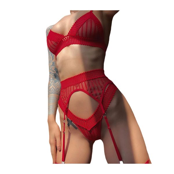 HBP 2023 Lingerie Set New INS Hot Simple Sexy Underwear Women Red Crafts Triangolare Cup Mesh Sexy Slim Trasparente Fashion Bra 3Piece Lingerie Set