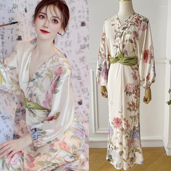 Kadın pijama seksi robe gecelik baskı çiçekler gece kıyısı uyku elbisesi v boyun kimono Japon bel ev kıyafetleri giyinme elbisesi