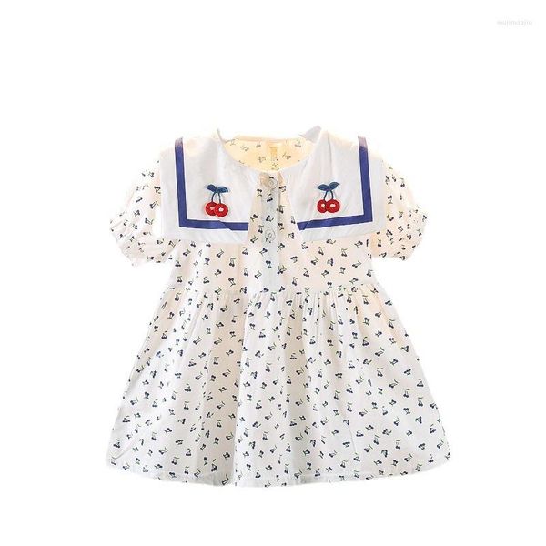 Vestidos de menina Roupos de bebê de verão 1-4 anos crianças de manga curta colarinho marinho de cereja vestido de algodão vestido diário