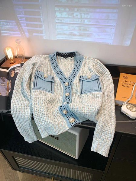 Damenstrickpullover, hochwertig, für Damen, luxuriös, blau, Strickjacke, V-Ausschnitt, Pullover, Herbst, Winte, Bürodame, Strickpullover, Flut, modischer formeller Anlass