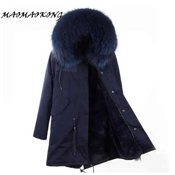 Parkas de plumón para mujer, chaqueta de invierno de marca para mujer, forro largo desmontable, azul marino, abrigo con capucha de piel de mapache Real grande, prendas de vestir 231123