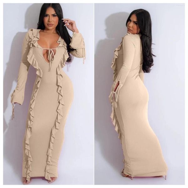 Casual Kleider Rüschen Maxi Kleid Sexy Club Wear Party Bodycon Mode Abend 2023 Frauen Winter Kleidung Elegante Luxus Lange