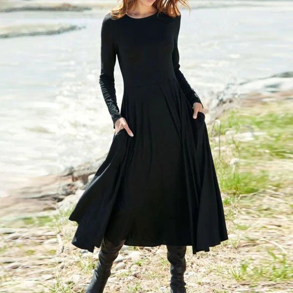 Повседневные платья 2023, осеннее черное женское платье макси с длинным рукавом, круглым вырезом и карманом, женская отпускная футболка для осенних халатов