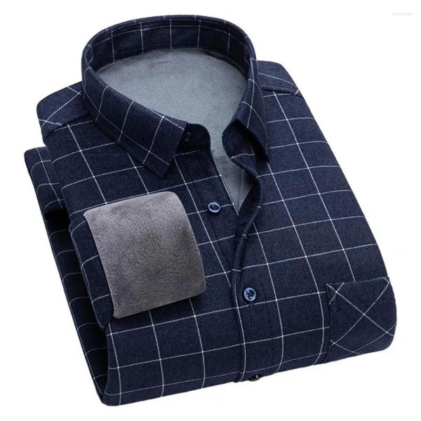 Camisas casuais masculinas camisa xadrez outono inverno lapela manga longa único breasted formal fino ajuste grosso forro de lã topos