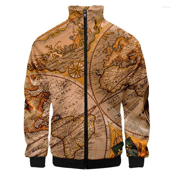 Jackets masculinos Harajuku Retro Mapa Oceano Continente 3D Compolpes impressos de moletons soltos masculino Men