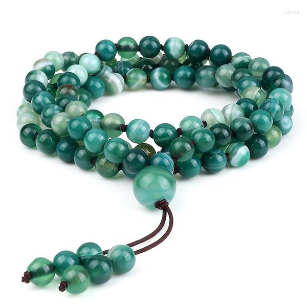 Ciondolo filo 108 perline Bracciale nodo elastico 6mm Agate a strisce verdi naturali Pietra Preghiera Mala Collana Bracciale per donna Uomo Gioielli