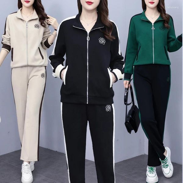 Pantaloni a due pezzi da donna 2023 Abbigliamento autunnale Donna 2 Outfit Set Giacca con zip floreale Cappotto e abito Colletto alla coreana Tuta coreana elegante