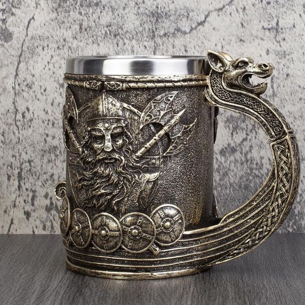 Tassen Nordische Mythologie Wikingerschiff Draon Drakkar Becher Krug Edelstahl Liner Bronze Farbe Kaffee Bier Tasse Stein 500 ml/20 Unzen