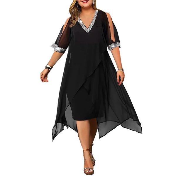 Plus size vestidos femininos plus size preto elegante vestido chiffon lantejoulas v pescoço fenda manga em camadas vestido de festa feminino noite vestidos de baile 231123