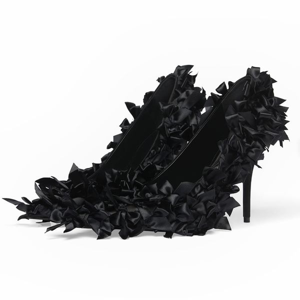 Marie-Antoinette Décolleté da 110 mm Papillon nero da donna Scarpe a punta Tacco a spillo Scarpe eleganti Scarpe firmate di lusso Moda in raso Tacco alto Scarpe da sera per matrimoni