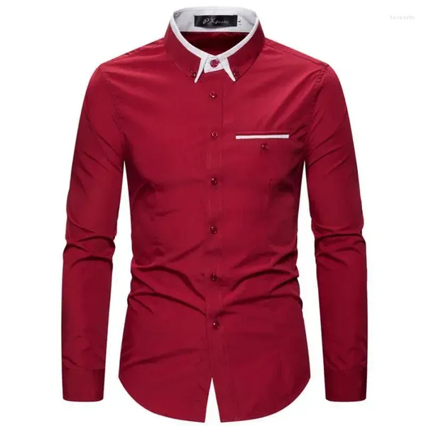 Camisas casuais masculinas 2023 primavera e outono moda simples dupla camada colarinho manga longa fino ajuste cor sólida camisa versátil