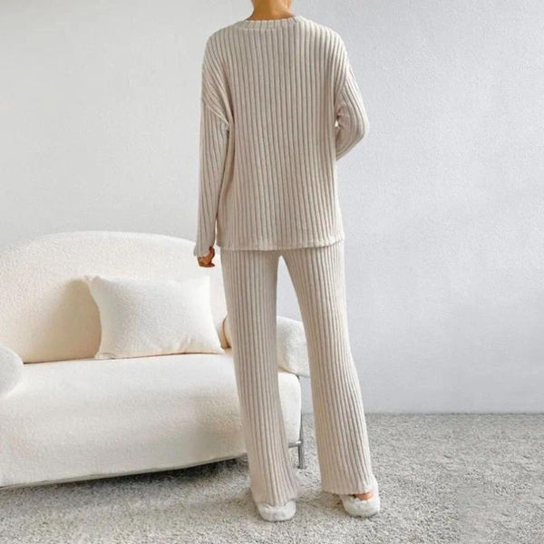 Zweiteilige Hose für Damen, weiches Pyjama-Set, gemütlicher Strickpullover, stilvoller V-Ausschnitt, lockere Passform, elastische Taille, Taschen, Homewear für Herbst/Winter, gerippt