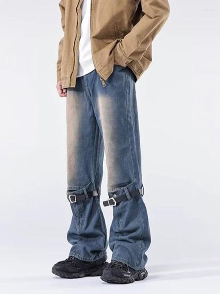 Männer Jeans YIHNAKE 2013 Y2K Mode Gürtel Hohl Baggy Schlaghosen Männer Kleidung Gerade Frauen Breite Bein Denim Hosen