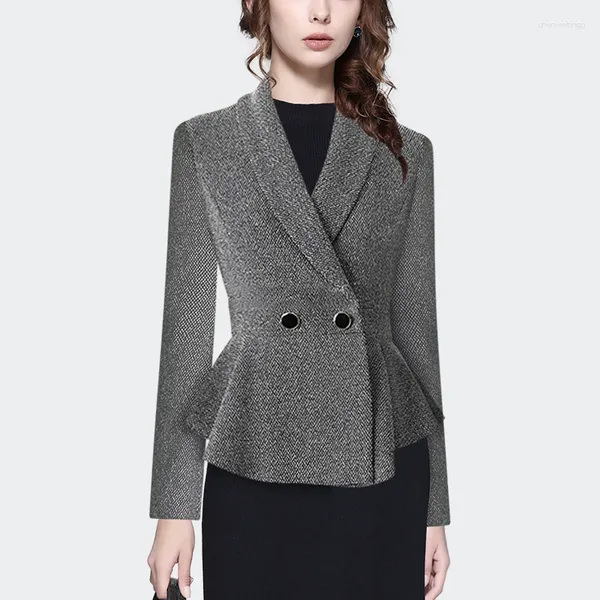 Ternos femininos moda feminina terno colarinho cinza lã blazer manga longa elegante emagrecimento estilo curto cinched cintura casaco de lã