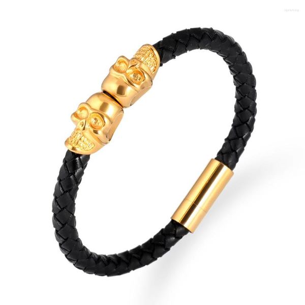 Bangle Black Black Nappa Genuine Nappa Aço inoxidável /ouro /sliver Twin Skull Bracelets Bangles para homens Presentes de joias femininos