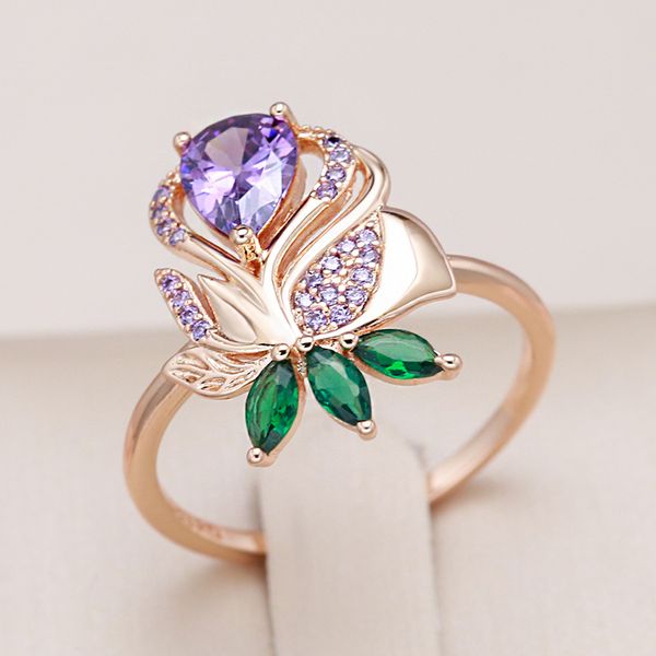 Кольца кластера Kienl, винтажное фиолетовое кольцо с натуральным цирконом для женщин, высокое качество, изысканные повседневные украшения, розовое золото 585 пробы, большое кольцо с хрустальным цветком, 230424