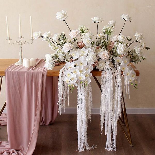 Fiori decorativi 100CM Rose Orchid Table Flower Runner Disposizione artificiale Centrotavola per matrimoni Decor Row Event Party Prop