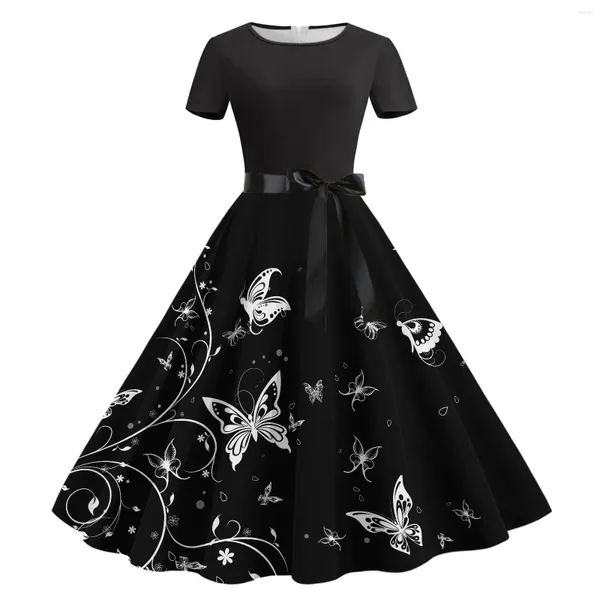 Abiti casual Elegante stampa farfalla Abito lungo da donna O collo Con lacci Bowknot Una linea con volant Abiti da festa formali altalena grande