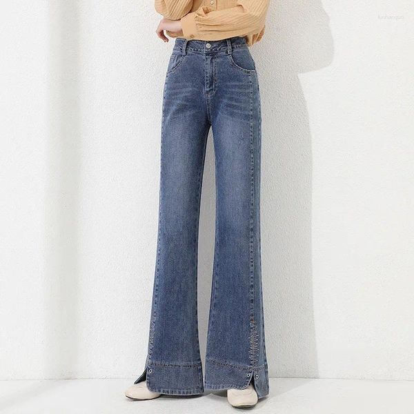 Damenjeans 2023 Frauen Hohe Taille Mode Denim Abnehmen Offenes Bein Vintage Blaue Flare Hosen für Frühling Herbst Breiter Boden Split