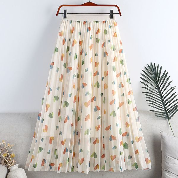 SAIRS MIDI LONG Long Women Women Summer Coreano Moda Chiffon Green Floral Print A Line High Caist feminino 230424