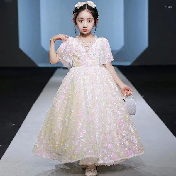 Abiti da bambina Abito da bambina con paillettes scintillanti Abito da chiesa bianco rosa per bambini in festa Modello sfilata di moda Gioco di bellezza per adolescenti