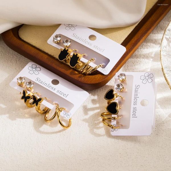 Brincos de garanhão 3 pares de conjunto de aço inoxidável brincos de orelha borboleta preta corações cor dourada acessório de joias de argola