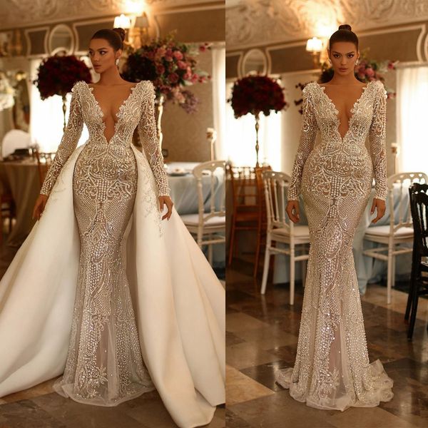 Блестящие свадебные платья русалки глубокие V-образные рукава с длинными рукавами цельные блески для тела