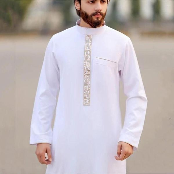 Abbigliamento etnico Uomo Musulmano Islamico Abaya Jubba Thobes Pakistan Marocchino Caftano Stampa Bianco Abiti lunghi Abito arabo saudita Homme Eid Preghiera