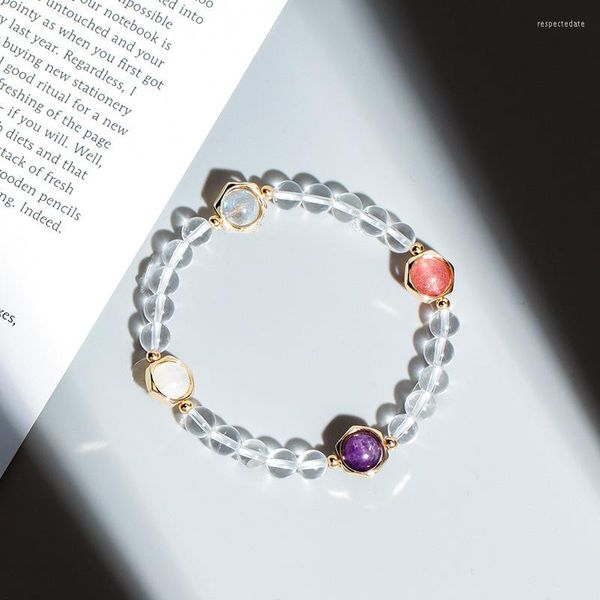 Strang Strawberry Crystal Moonstone Damen Armband Amethyst Pfirsichblüte BFF Geschenk Transfer Perlen