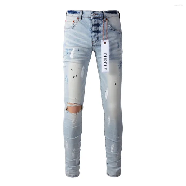 Jeans da uomo viola marca vernice graffiti high street slim fit streetwear pantaloni lunghi in denim lavato blu chiaro